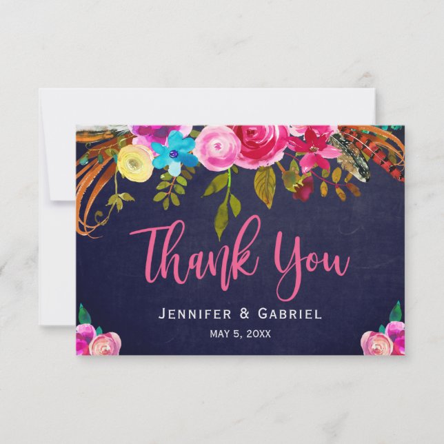 Bohemian Blommigt Rosa Navy Script Bröllop Tack Kort (Framsida)