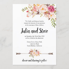 Bohemian Blommigt Watercolor Flowers Boho Bröllop Inbjudningar