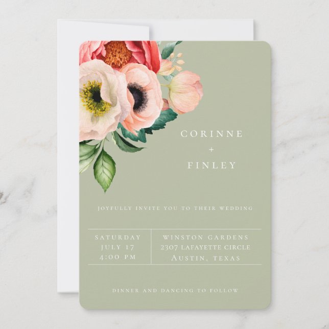Bohemian Blommor Dammig Oliv Bröllopsinbjudan Meddelande (Framsida)