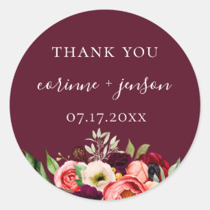 Bohemian Blooms Burgundy Wedding Favor Runt Klistermärke