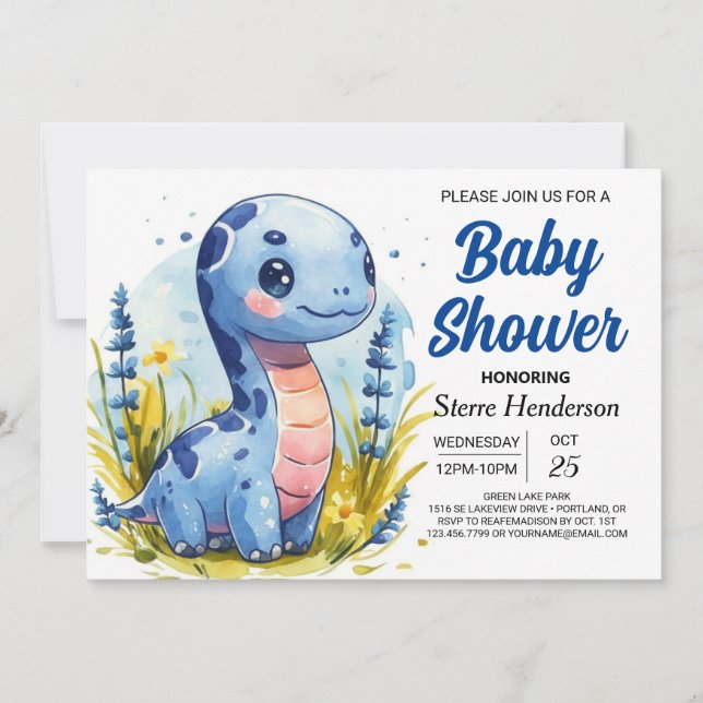 Bohemian Blue Anpassningsbar Dinosaur Boy Shower Inbjudningar (Framsida)