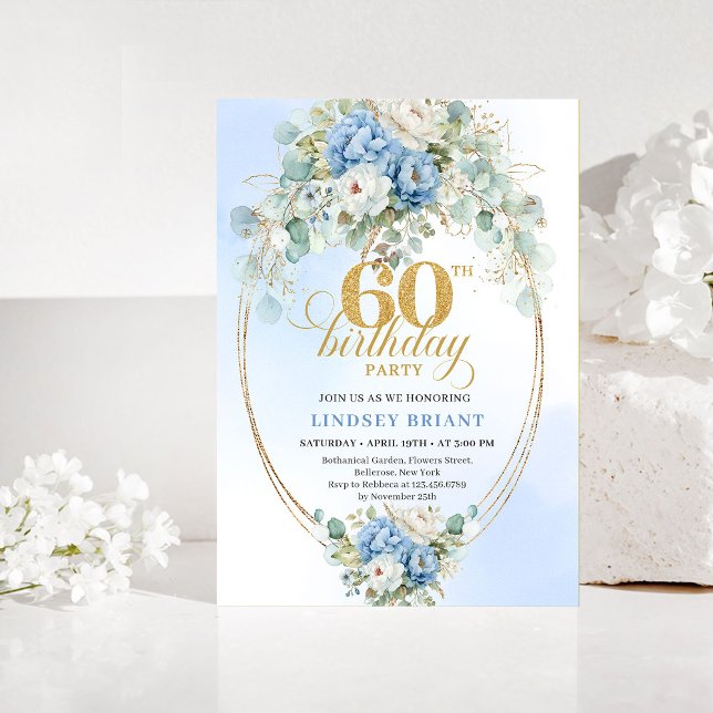 Bohemian Blue Floral 60th Birthday Invitation Inbjudningar (Bohemian Blue Floral 60th Birthday Invitation)