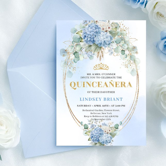 Bohemian Blue Floral Eucalyptus Quinceañera Invite Inbjudningar (Bohemian Blue Floral Eucalyptus Quinceañera Invite)