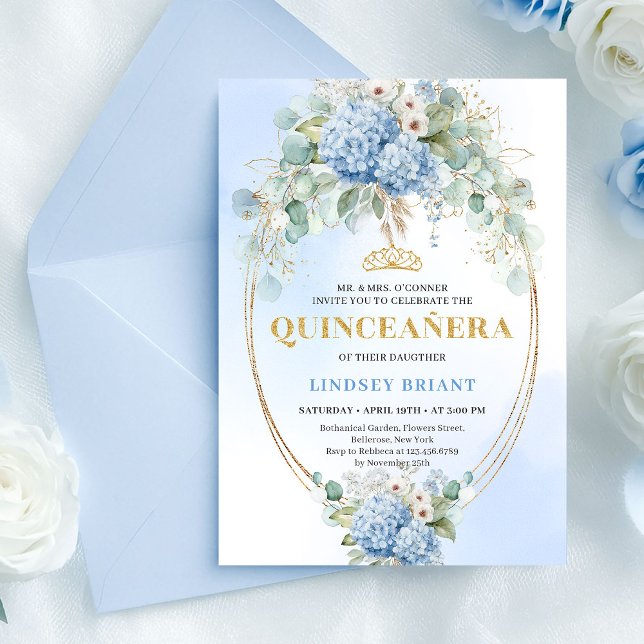 Bohemian Blue Flowers Gold Quinceañera Invitation Inbjudningar (Bohemian Blue Flowers Gold Quinceañera Invitation)