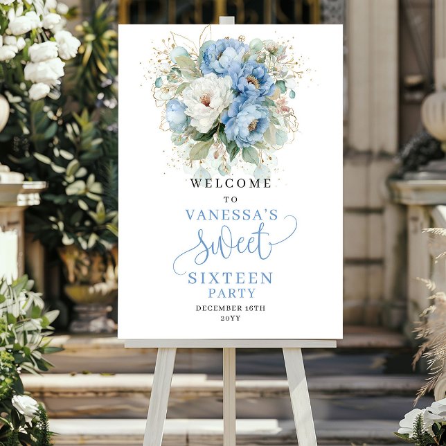 Bohemian Blue och Guld Sweet 16 välkomstskylt Poster (Bohemian Blue and Gold Sweet 16 Welcome Sign)