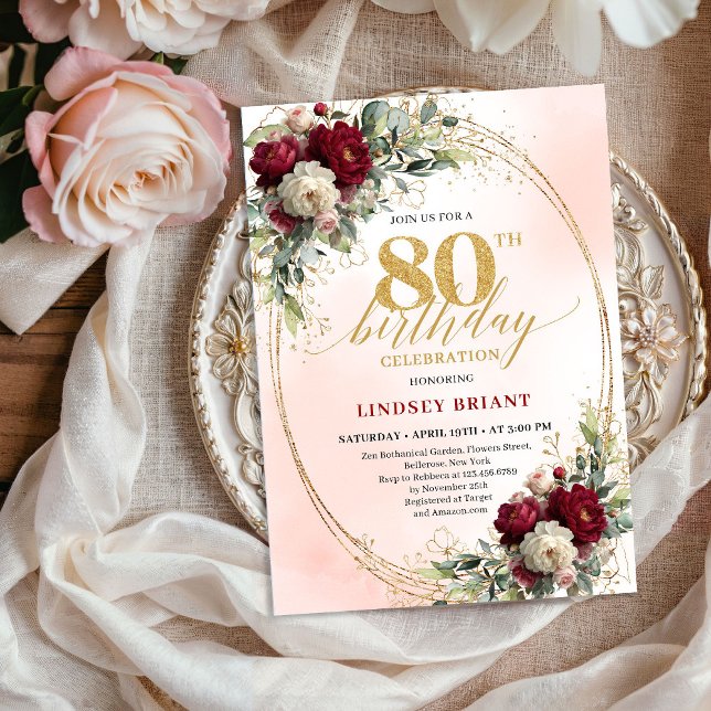 Bohemian Blush Burgundy Flowers 80th Birthday  Inbjudningar (Bohemian Blush Burgundy Flowers 80th Birthday Invite)