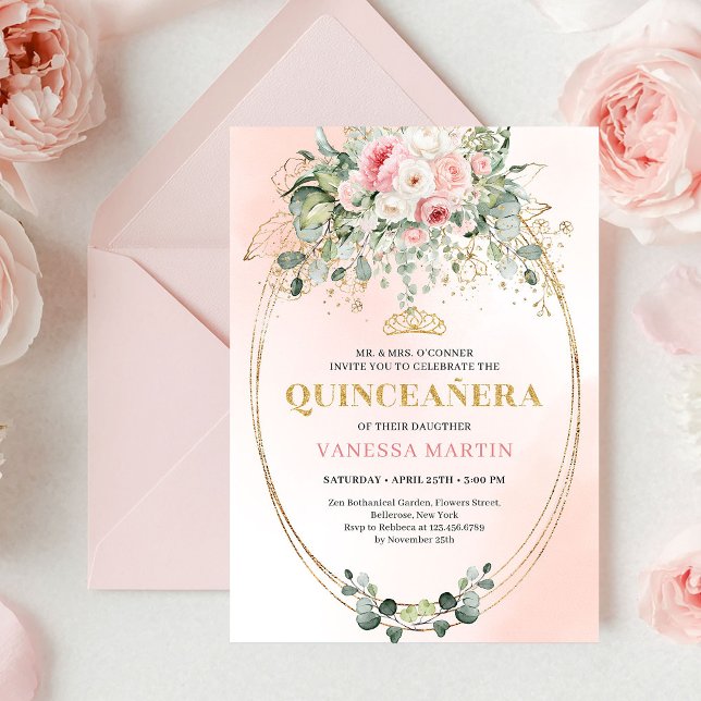 Bohemian Blush Pink Floral Quinceañera Invitation Inbjudningar (Bohemian Blush Pink Floral Quinceañera Invitation)