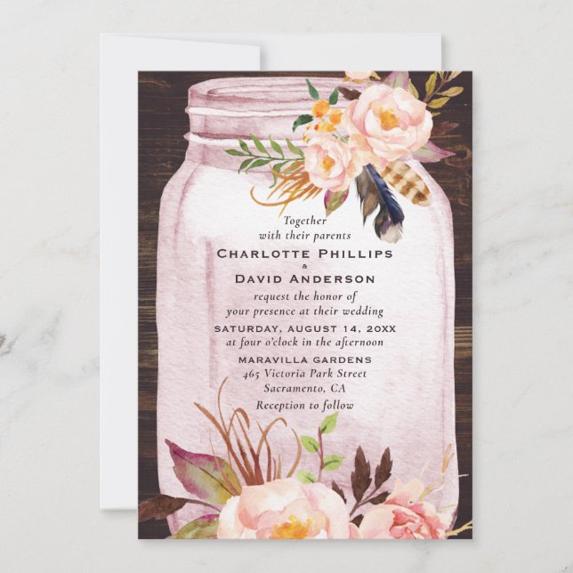 Bohemian Blush Pink Mason Jar Floral Wedding Inbjudningar (Framsida)