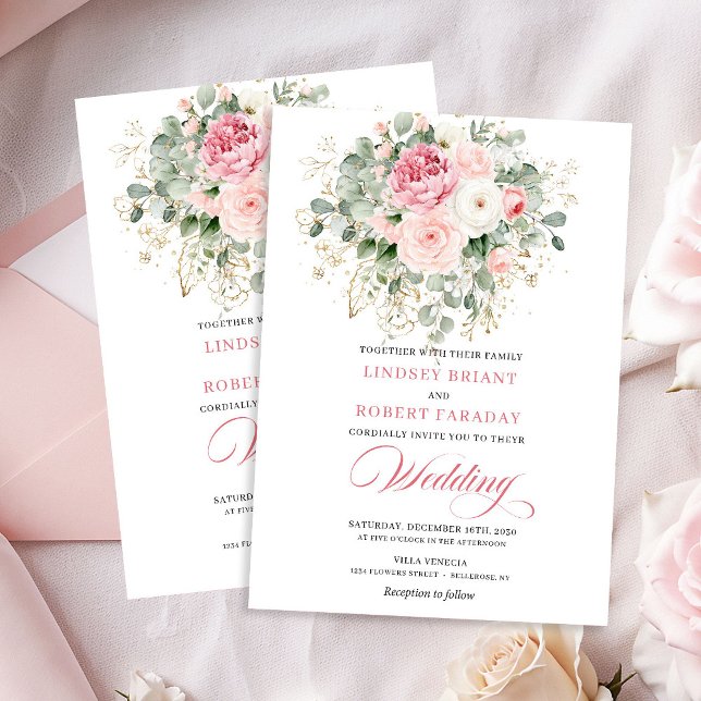 Bohemian Blush Roses Gold Frame Wedding Invitation Inbjudningar (Bohemian Blush Roses Gold Frame Wedding Invitation)