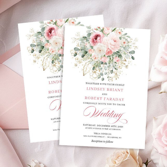 Bohemian Blush Roses Gold Glitter Wedding Invite Inbjudningar (Bohemian Blush Roses Gold Glitter Wedding Invite)