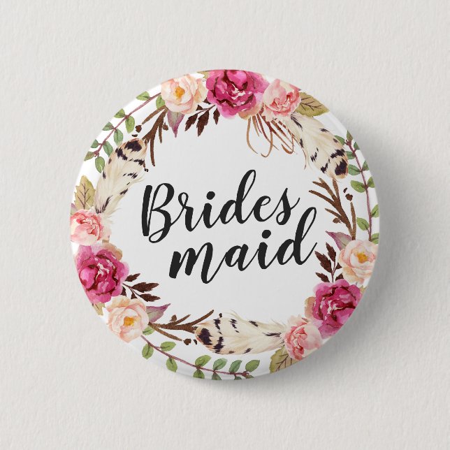 Bohemian Boho Blommigt Utandning Kalligrafi Brides Knapp (Framsida)