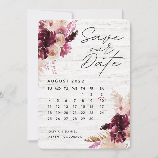 Bohemian Boho Burgundy Red Calendar Spara datum Inbjudningar (Framsida)