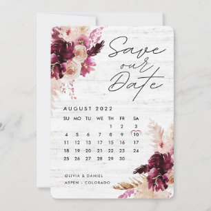 Bohemian Boho Burgundy Red Calendar Spara datum Inbjudningar