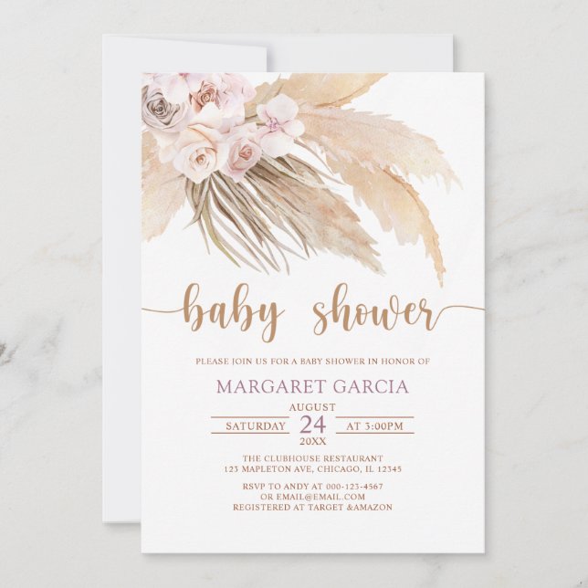Bohemian Boho Pampas Grass Baby Shower Inbjudningar (Framsida)