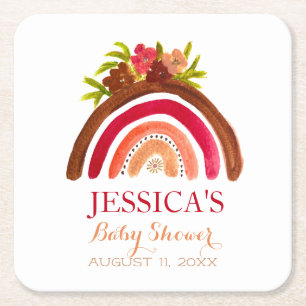Bohemian Boho Rainbow Baby Shower Earthy Cute Underlägg Papper Kvadrat