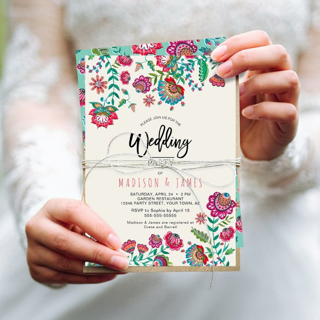 Bohemian Boho Turcos Fiesta Folk Flowers Inbjudningar (Bohemian Boho Turquoise Fiesta Folk Flowers Invitation)