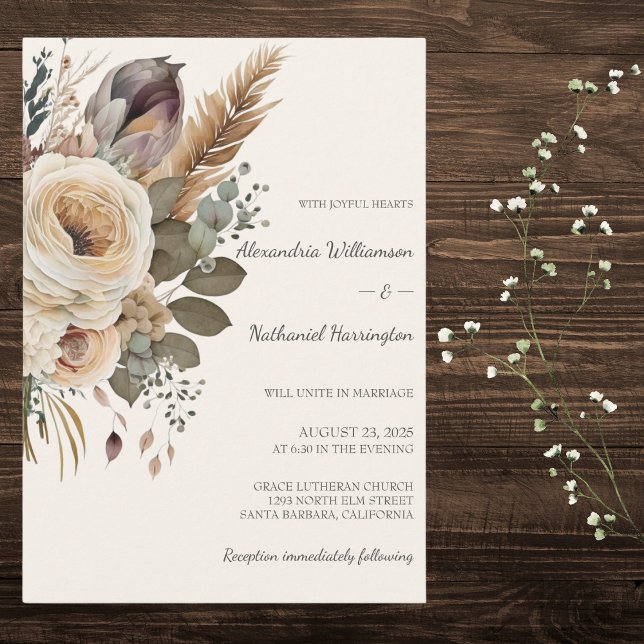 Bohemian Bouquet & Feathers Bröllop Inbjudningar (Skapare uppladdad)