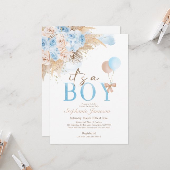 Bohemian Boy's Pampas Grass Baby Shower-inbjudan Inbjudningar (Fram/Back In Situ)