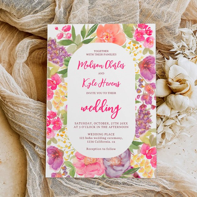 Bohemian bright blommigt Arch-skript chic bröllop Inbjudningar (Bohemian bright floral arch script chic wedding invitation)