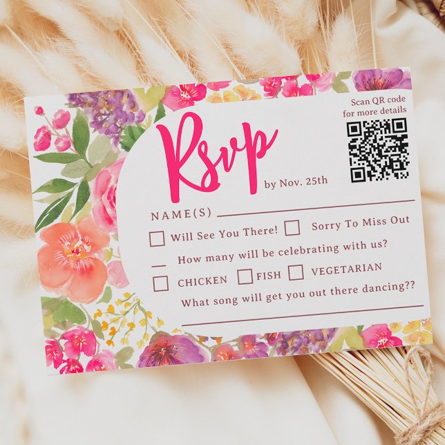 Bohemian bright blommigt Arch-skript chic bröllop OSA Kort (Bohemian bright floral arch script chic wedding RSVP card)