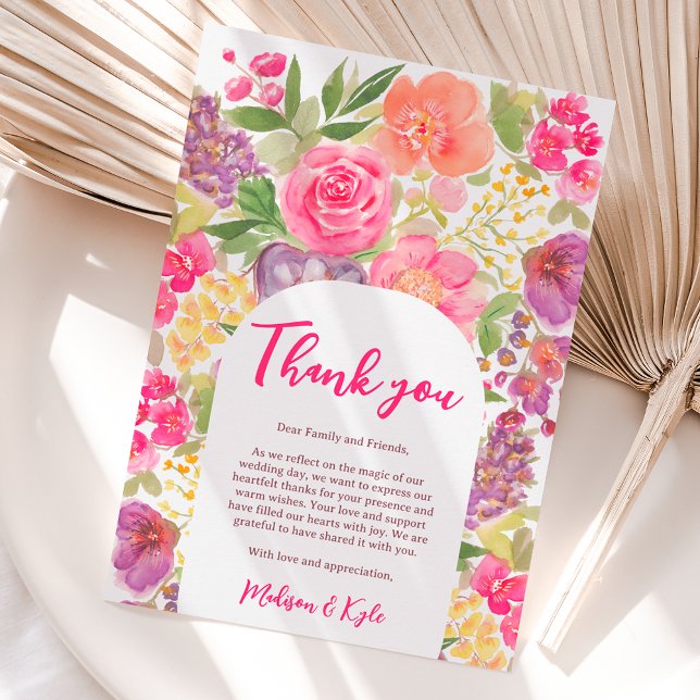 Bohemian bright blommigt Arch-skript chic bröllop Tack Kort (Bohemian bright floral arch script chic wedding thank you card)