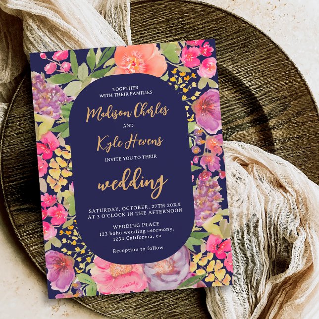 Bohemian bright blommigt Arch-skript marsch bröllo Inbjudningar (Bohemian bright floral arch script navy wedding invitation)