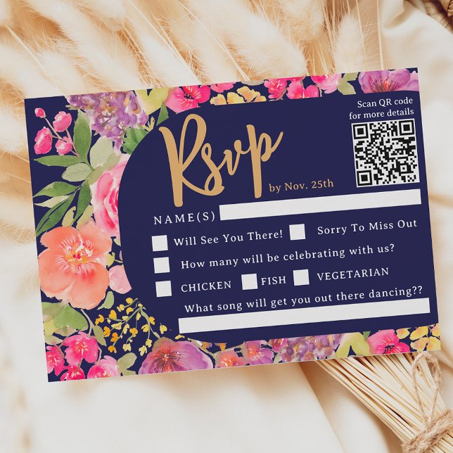 Bohemian bright blommigt Arch-skript marsch bröllo OSA Kort (Bohemian bright floral arch script navy wedding RSVP card)