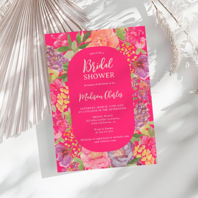 Bohemian bright blommigt Arch-skript möhippa Inbjudningar (Bohemian bright floral arch script bridal shower invitation)