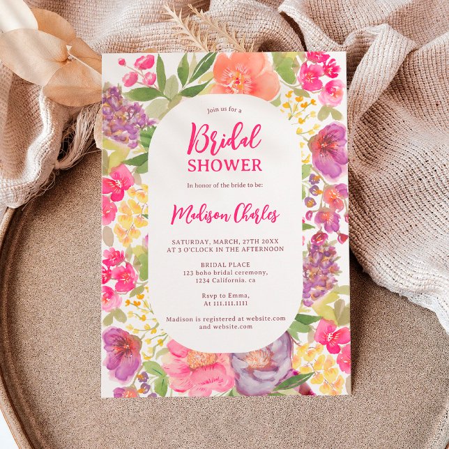 Bohemian bright blommigt Arch-skript möhippa Inbjudningar (Bohemian bright floral arch script bridal shower invitation)