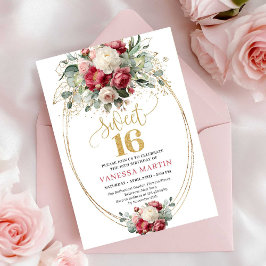 Bohemian Burgundy Blush Floral Gold Sweet Sixteen Inbjudningar
