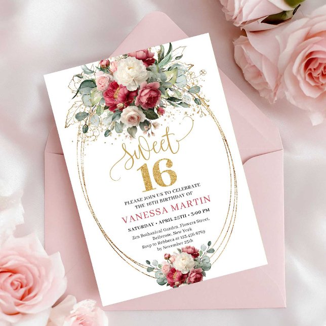 Bohemian Burgundy Blush Floral Gold Sweet Sixteen Inbjudningar (Bohemian Burgundy Blush Floral Sweet Sixteen Invitation)