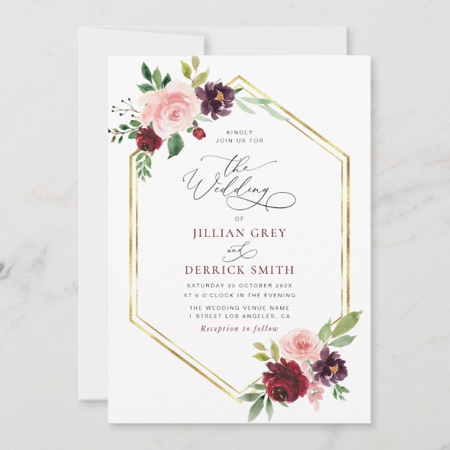bohemian burgundy blush floral wedding invitation inbjudningar (Framsida)