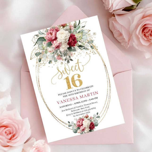 Bohemian Burgundy Blush Greenery Sweet 16 Invites Inbjudningar (Bohemian Burgundy Blush Greenery Sweet 16 Invitation)