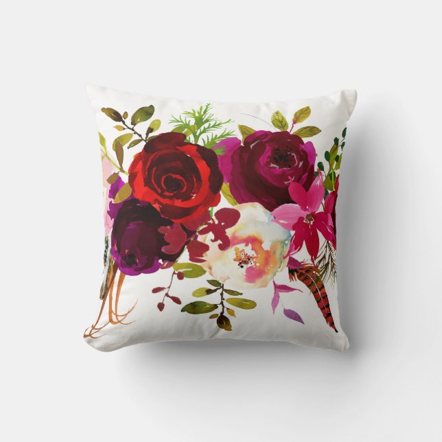 Bohemian Burgundy Marsala Red White Rosa Blommigt Kudde (Framsida)