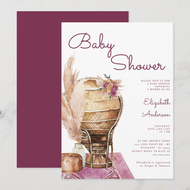 Bohemian Burgundy Pampas Boho Baby Shower Inbjudningar (Fram/baksida)