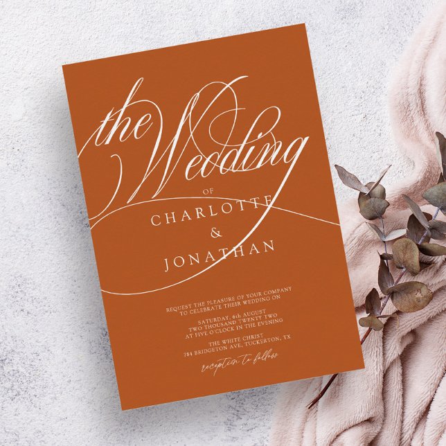 Bohemian Burnt Orange Elegant Calligraphy Bröllop Inbjudningar (Skapare uppladdad)