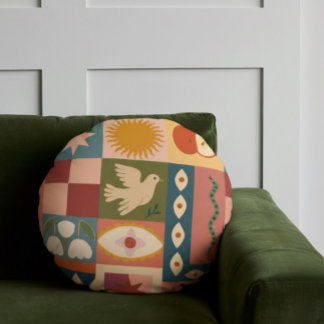 Bohemian Celestial Patchwork med psykotiska symbol Rund Kudde