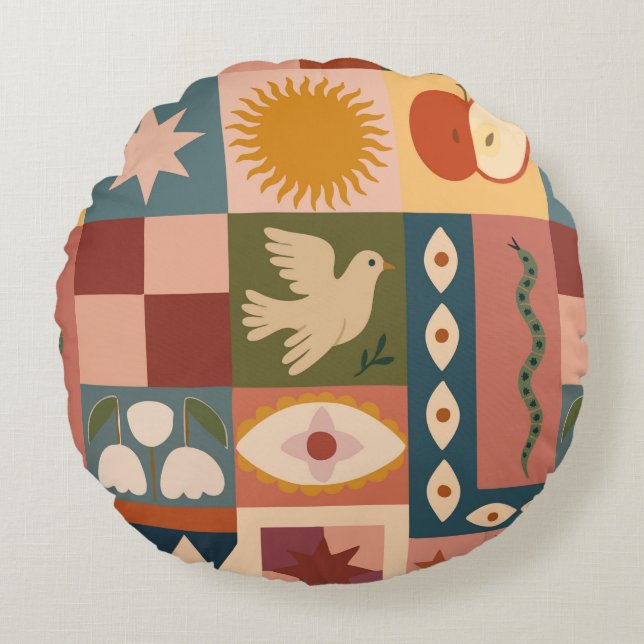 Bohemian Celestial Patchwork med psykotiska symbol Rund Kudde (Framsidan)