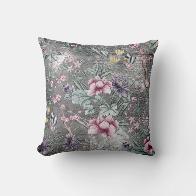 Bohemian Chinoiserie Teal Butterfly Grått Grungy Kudde (Framsida)
