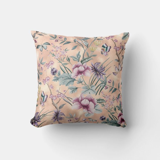 Bohemian Chinoiserie Tropical Teal Butterfly Peach Kudde (Framsida)