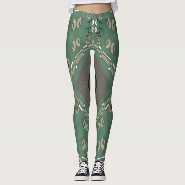 Bohemian Chintz Illustration Grönt Mushroom White Leggings (Framsida)