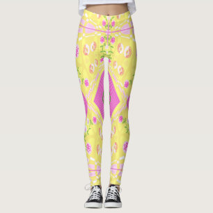Bohemian Chintz Illustration Gult Rosa Grönt Leggings