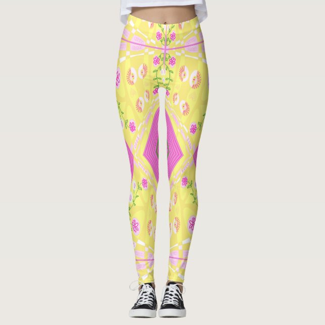 Bohemian Chintz Illustration Gult Rosa Grönt Leggings (Framsida)