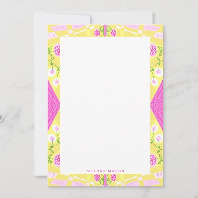Bohemian Chintz Illustration Gult Rosa Namn Anteckningskort (Framsida)