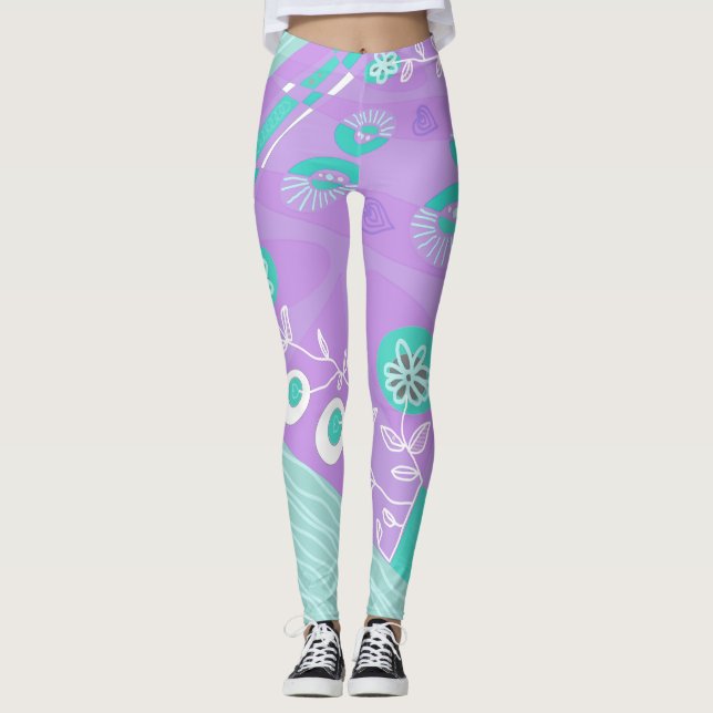 Bohemian Chintz Illustration Lilac Spearmint White Leggings (Framsida)