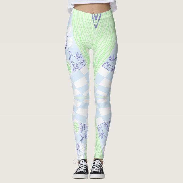 Bohemian Chintz Illustration Pastel Blue Grönt Leggings (Framsida)