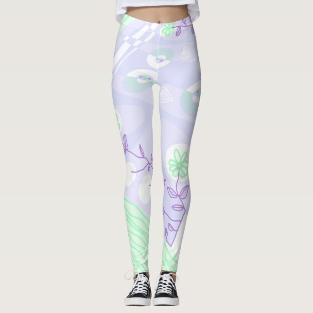 Bohemian Chintz Illustration Pastel Lila Grönt Leggings (Framsida)