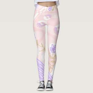Bohemian Chintz Illustration Pastel Rosa Lavender Leggings