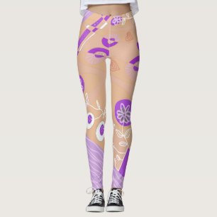 Bohemian Chintz Illustration Peach Lila White Leggings