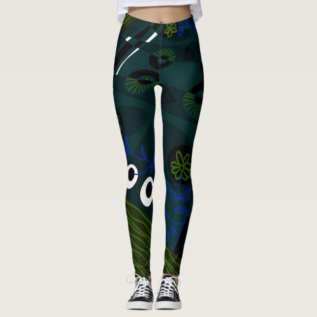 Bohemian Chintz Illustration Teal Grönt Blue Leggings (Framsida)
